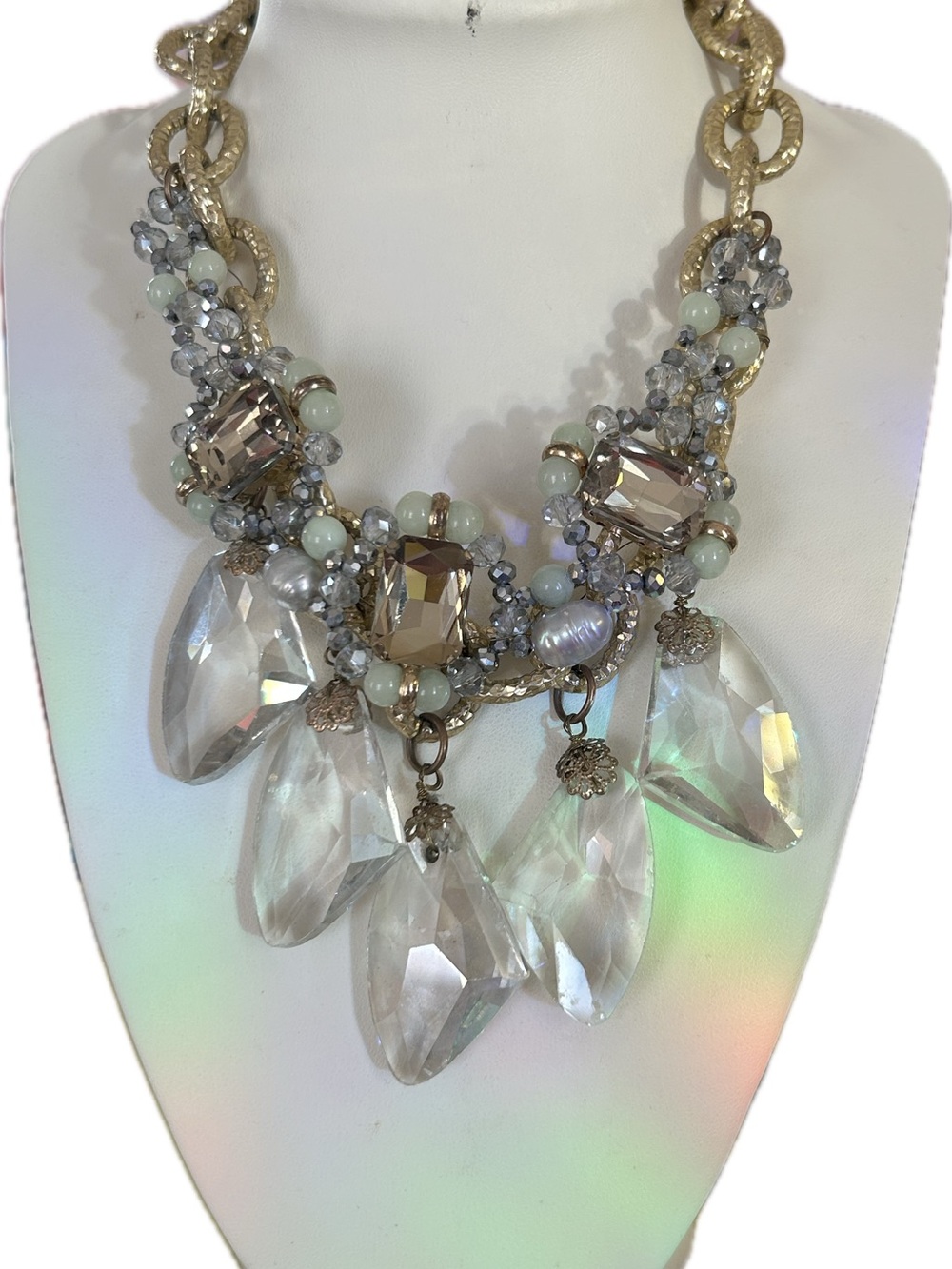 Statement Crystal Drop Bib Necklace Gold Tone Chain Chunky Faceted Crystals